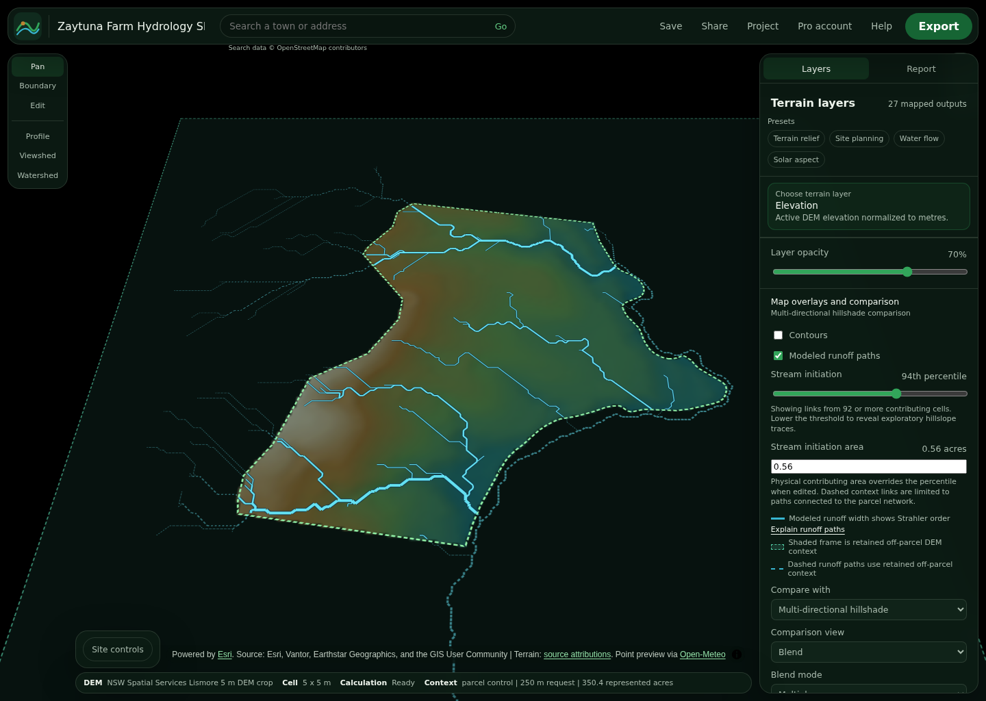 TopoDesigner showing modeled runoff paths for the bundled Zaytuna Farm public DEM example